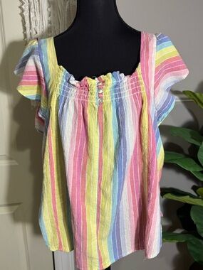 Draper James Pastel Multi-Stripe Flutter Sleeve Blouse